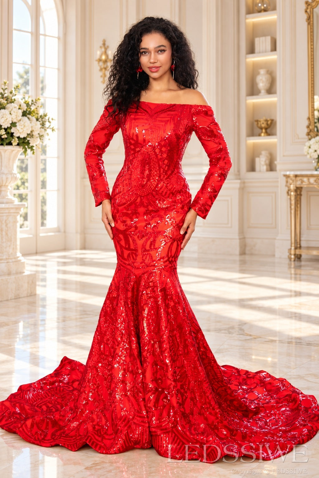 Red off-the-shoulder long sleeve sequin mermaid prom dress geometric pattern front