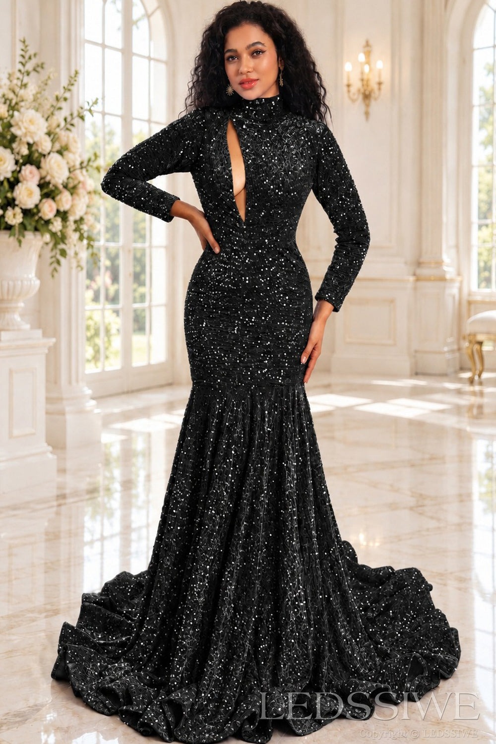 black sequin high neck long sleeve mermaid prom dress keyhole cutout