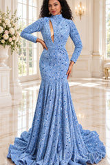 blue sequin high neck long sleeve mermaid prom dress keyhole cutout