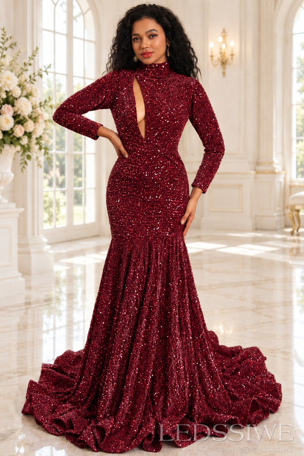 burgundy sequin high neck long sleeve mermaid prom dress keyhole cutout