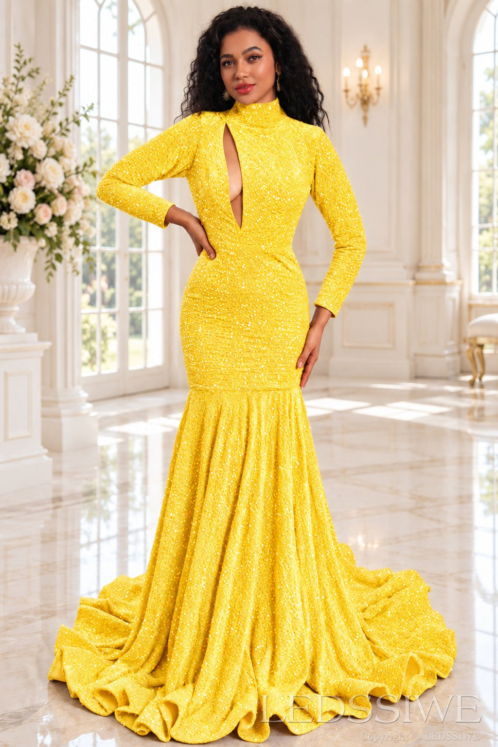 daffodil sequin high neck long sleeve mermaid prom dress keyhole cutout