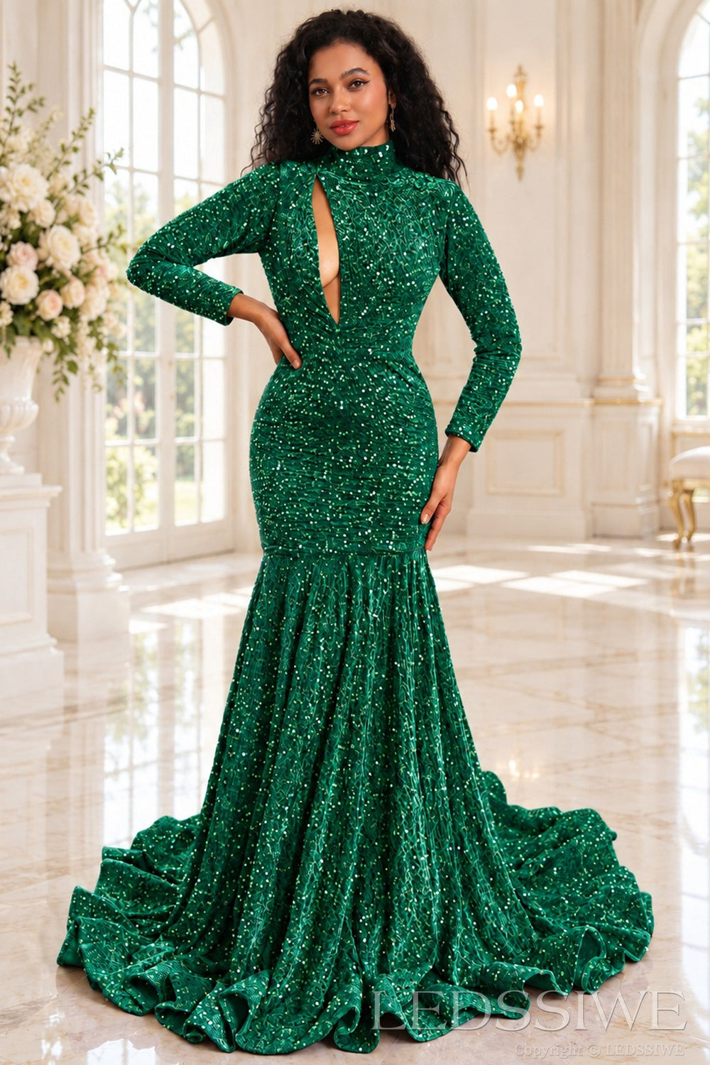emerald sequin high neck long sleeve mermaid prom dress keyhole cutout