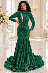 emerald sequin high neck long sleeve mermaid prom dress keyhole cutout