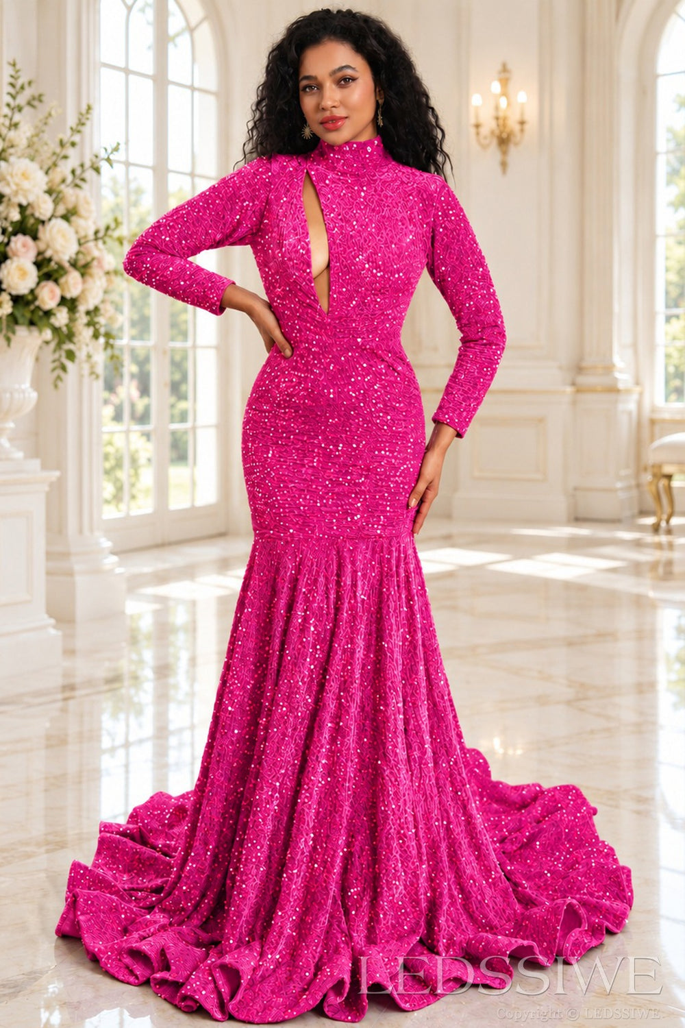fuchsia sequin high neck long sleeve mermaid prom dress keyhole cutout