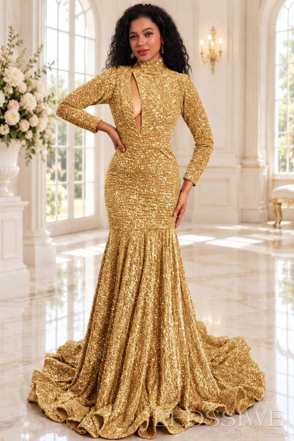 gold sequin high neck long sleeve mermaid prom dress keyhole cutout