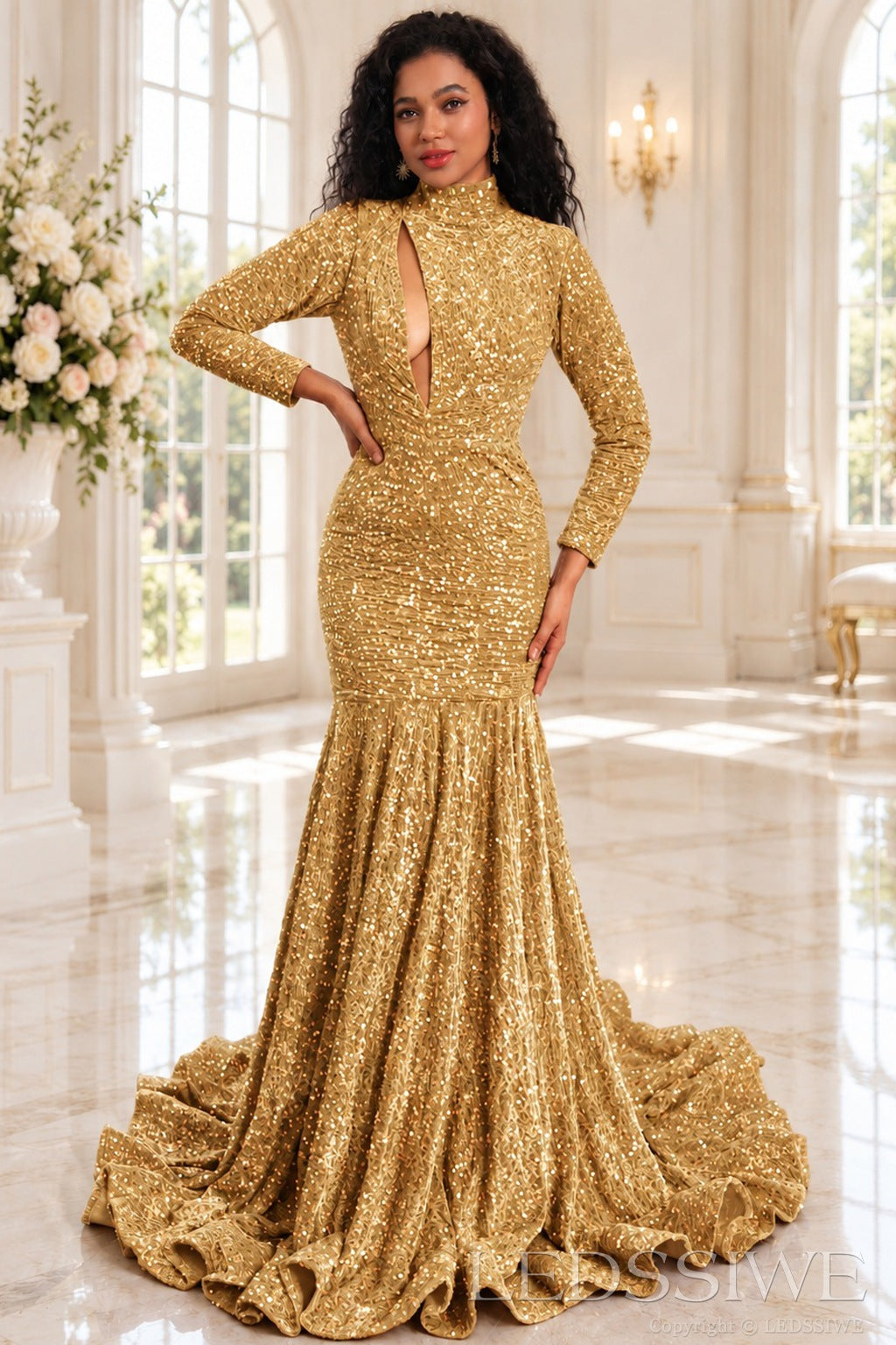 gold sequin high neck long sleeve mermaid prom dress keyhole cutout