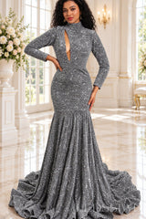 grey sequin high neck long sleeve mermaid prom dress keyhole cutout