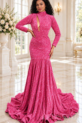 hot pink sequin high neck long sleeve mermaid prom dress keyhole cutout