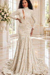 ivory sequin high neck long sleeve mermaid prom dress keyhole cutout