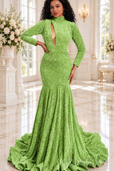 lime green sequin high neck long sleeve mermaid prom dress keyhole cutout