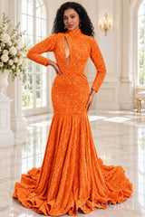 orange sequin high neck long sleeve mermaid prom dress keyhole cutout