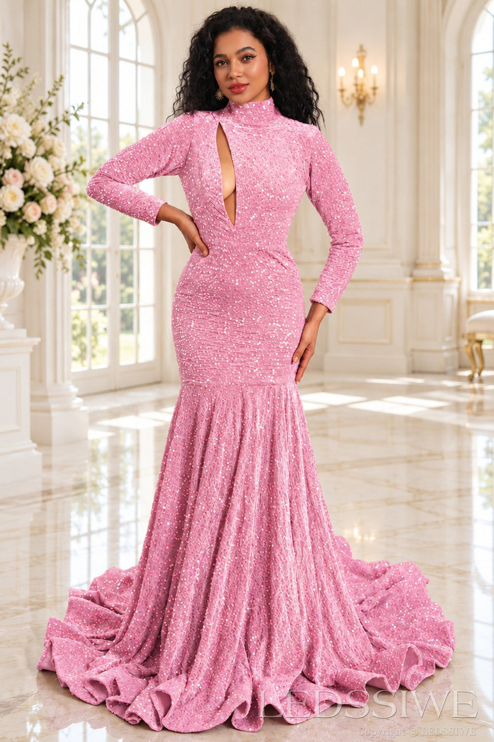 pink sequin high neck long sleeve mermaid prom dress keyhole cutout