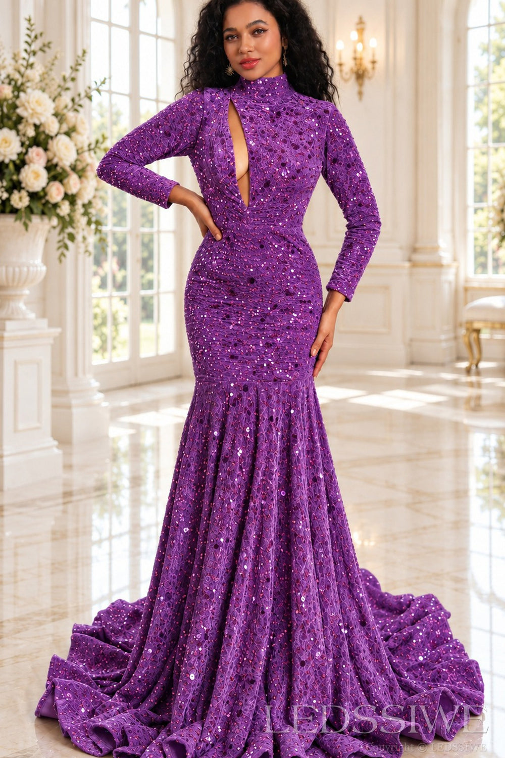 purple sequin high neck long sleeve mermaid prom dress keyhole cutout