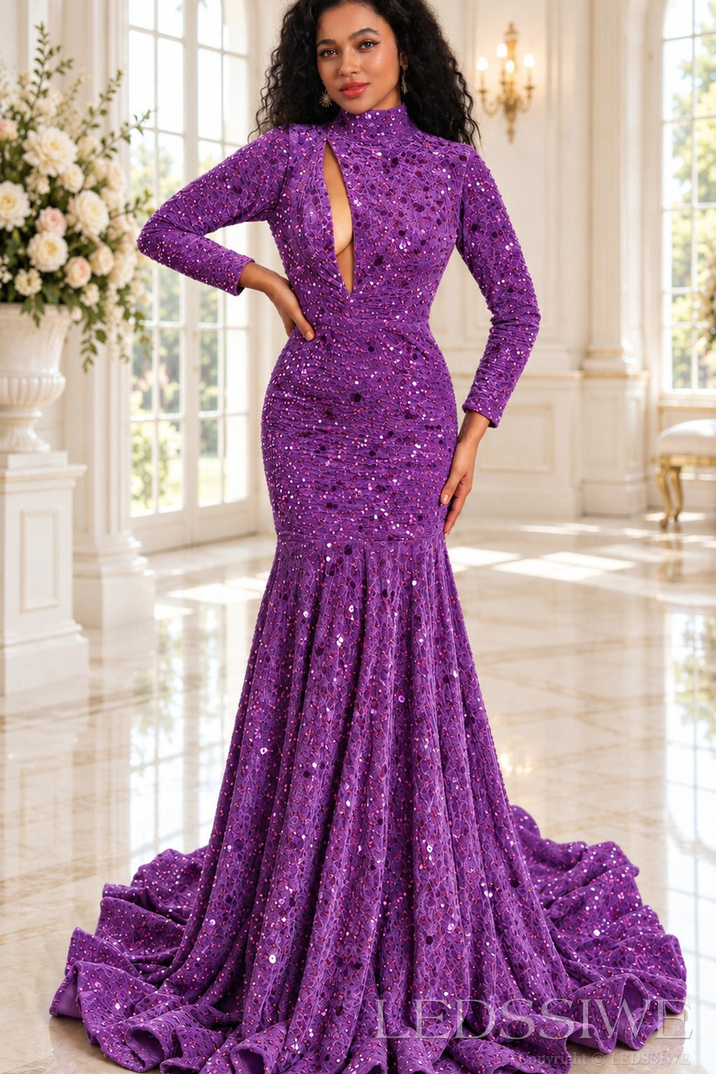 purple sequin high neck long sleeve mermaid prom dress keyhole cutout