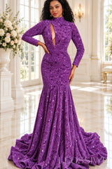 purple sequin high neck long sleeve mermaid prom dress keyhole cutout