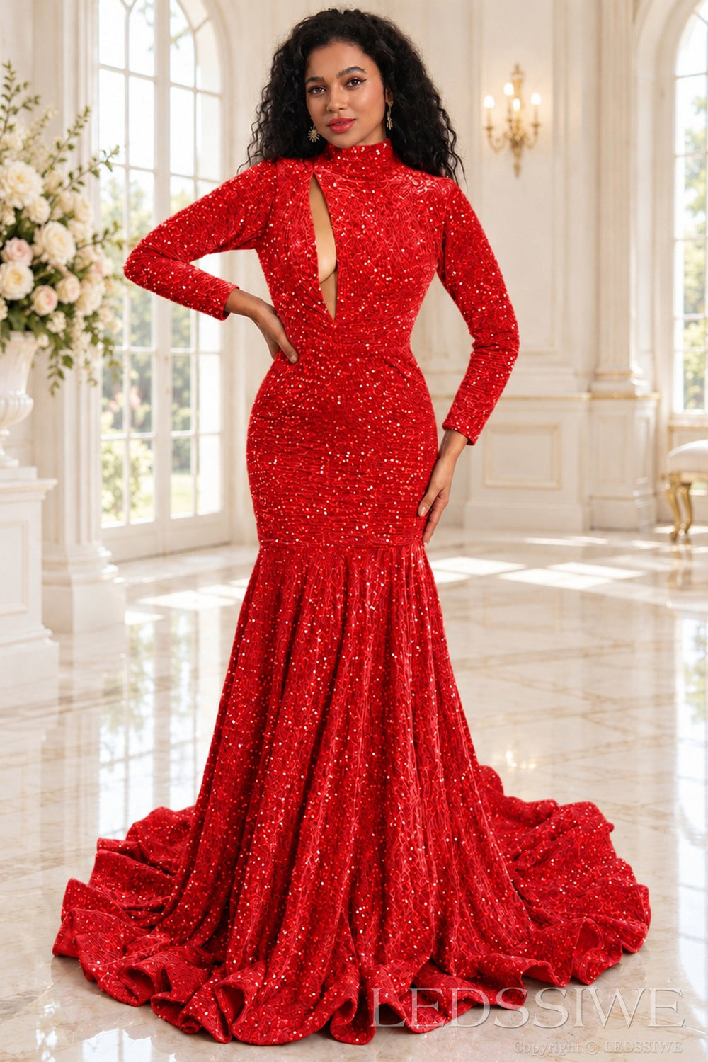 red sequin high neck long sleeve mermaid prom dress keyhole cutout