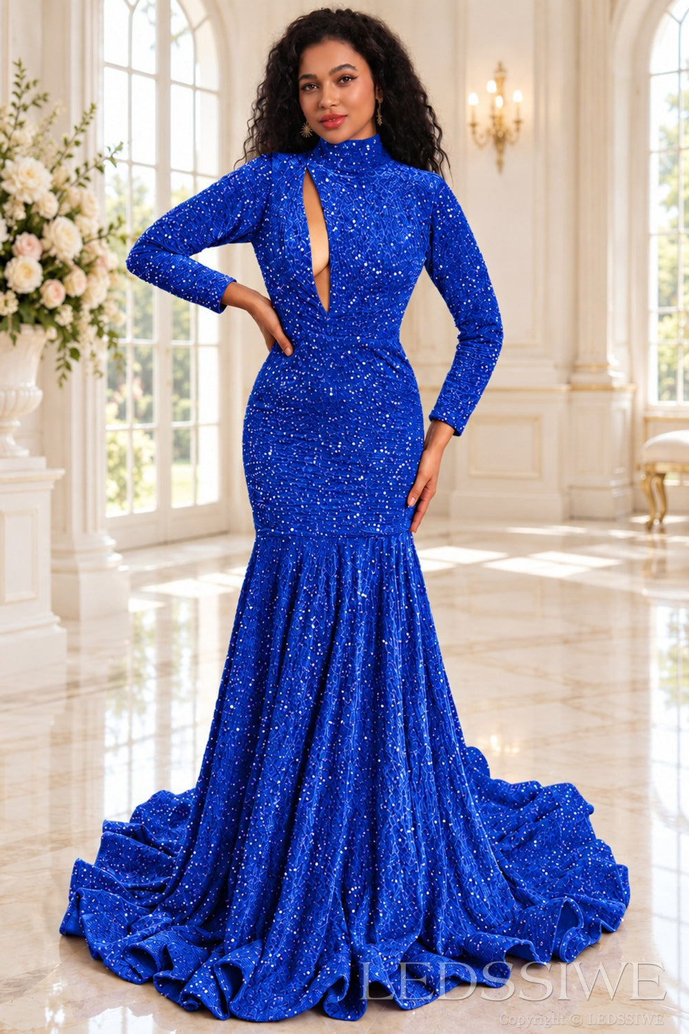 royal blue sequin high neck long sleeve mermaid prom dress keyhole cutout