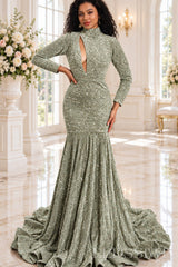 sage sequin high neck long sleeve mermaid prom dress keyhole cutout