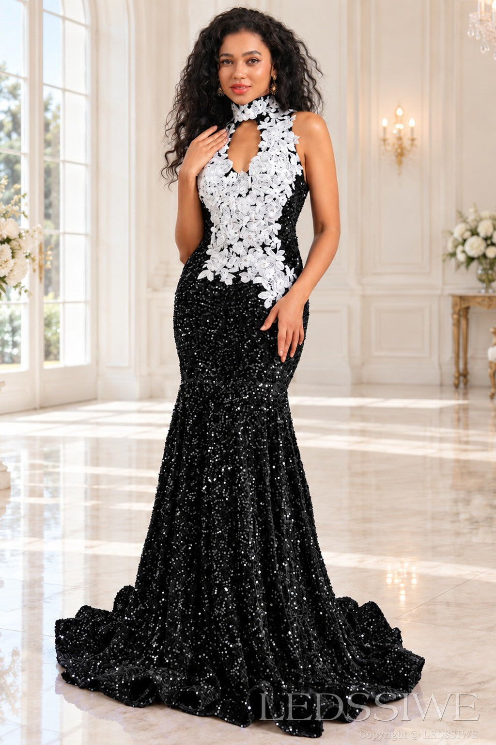 black sequin halter high neck mermaid prom dress white 3D floral applique keyhole