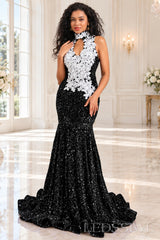 black sequin halter high neck mermaid prom dress white 3D floral applique keyhole
