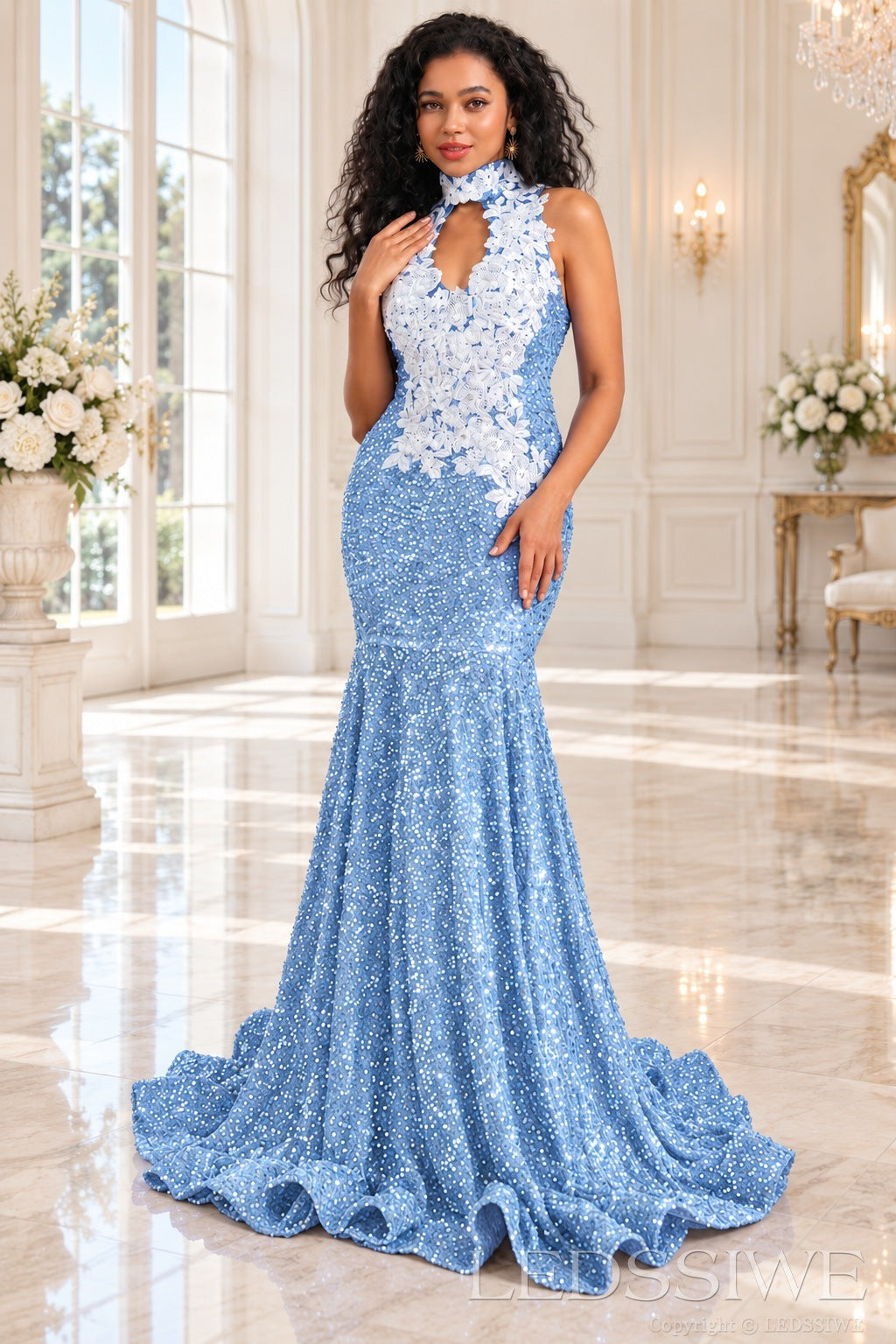 blue sequin halter high neck mermaid prom dress white 3D floral applique keyhole
