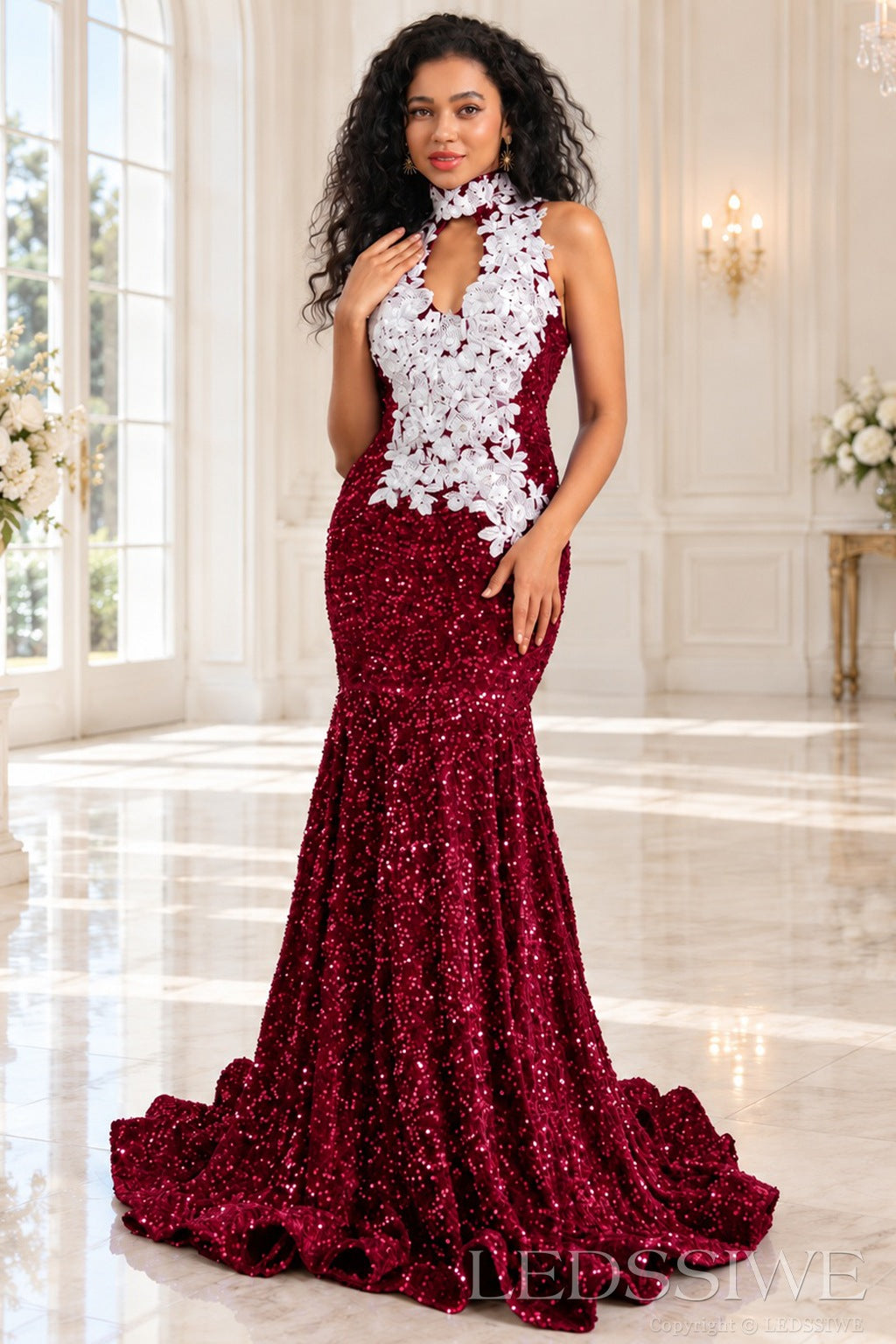 burgundy sequin halter high neck mermaid prom dress white 3D floral applique keyhole