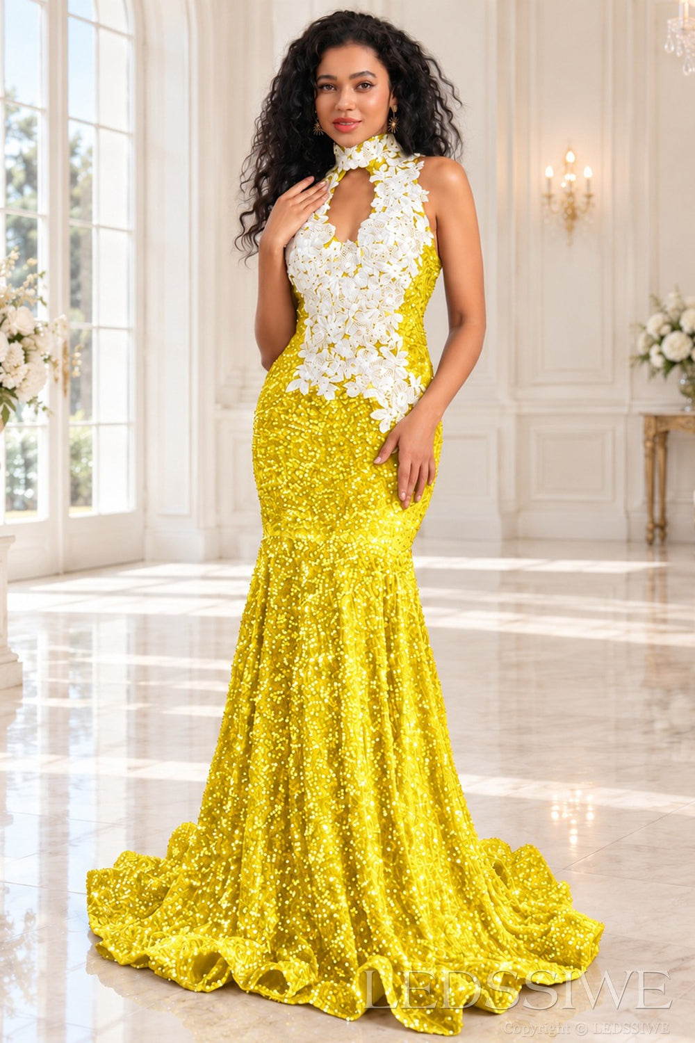 daffodil sequin halter high neck mermaid prom dress white 3D floral applique keyhole