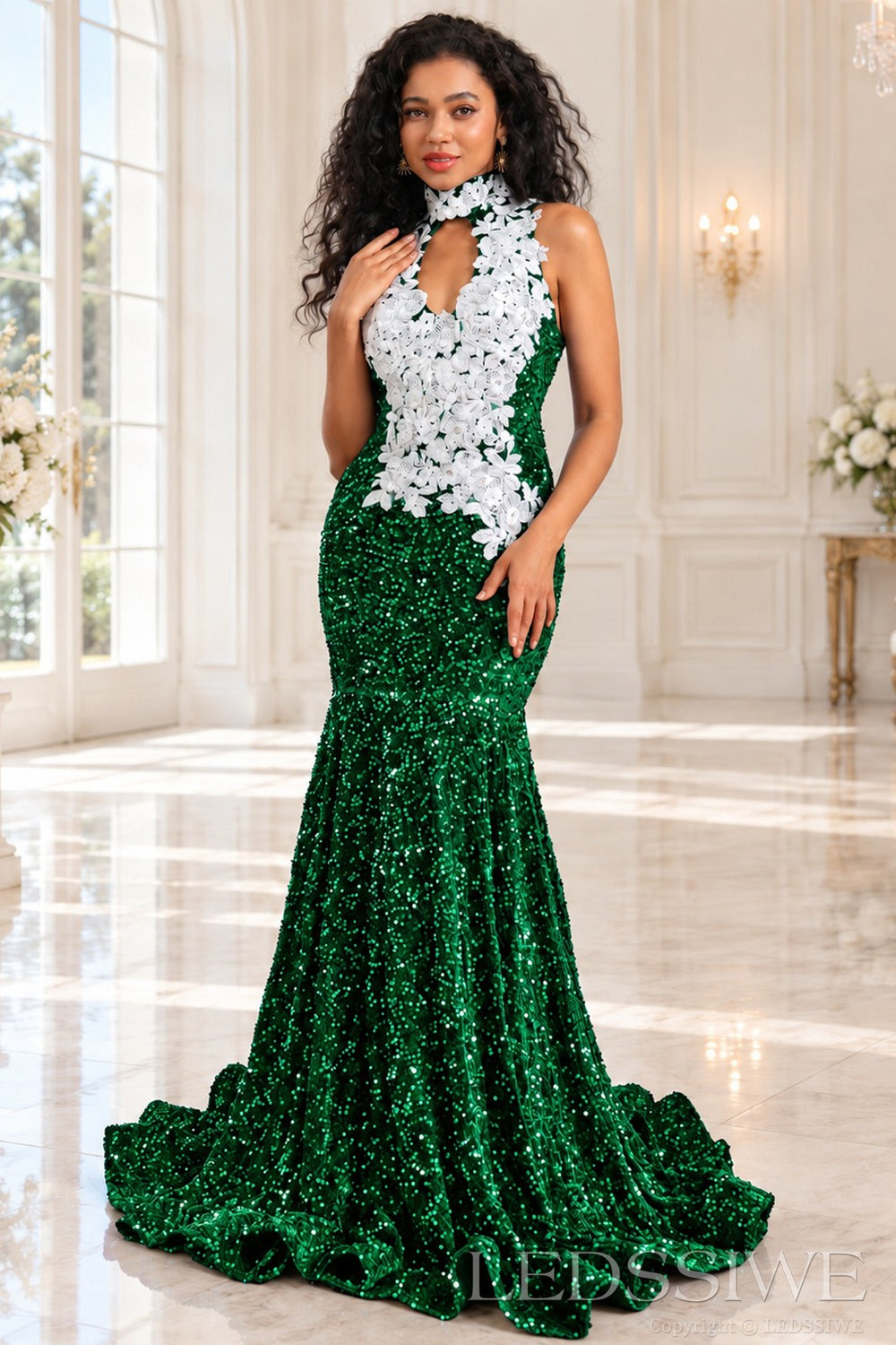 emerald sequin halter high neck mermaid prom dress white 3D floral applique keyhole