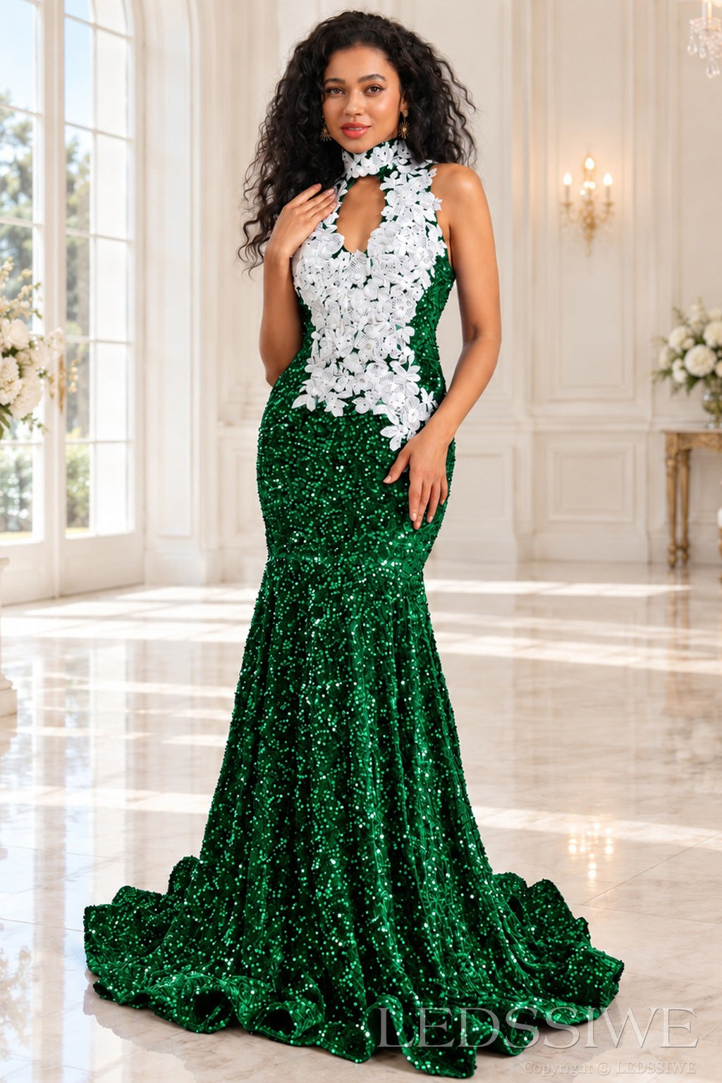 emerald sequin halter high neck mermaid prom dress white 3D floral applique keyhole