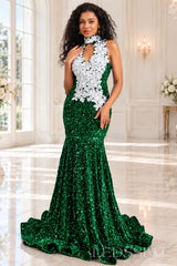 emerald sequin halter high neck mermaid prom dress white 3D floral applique keyhole