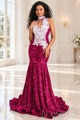 fuchsia sequin halter high neck mermaid prom dress white 3D floral applique keyhole