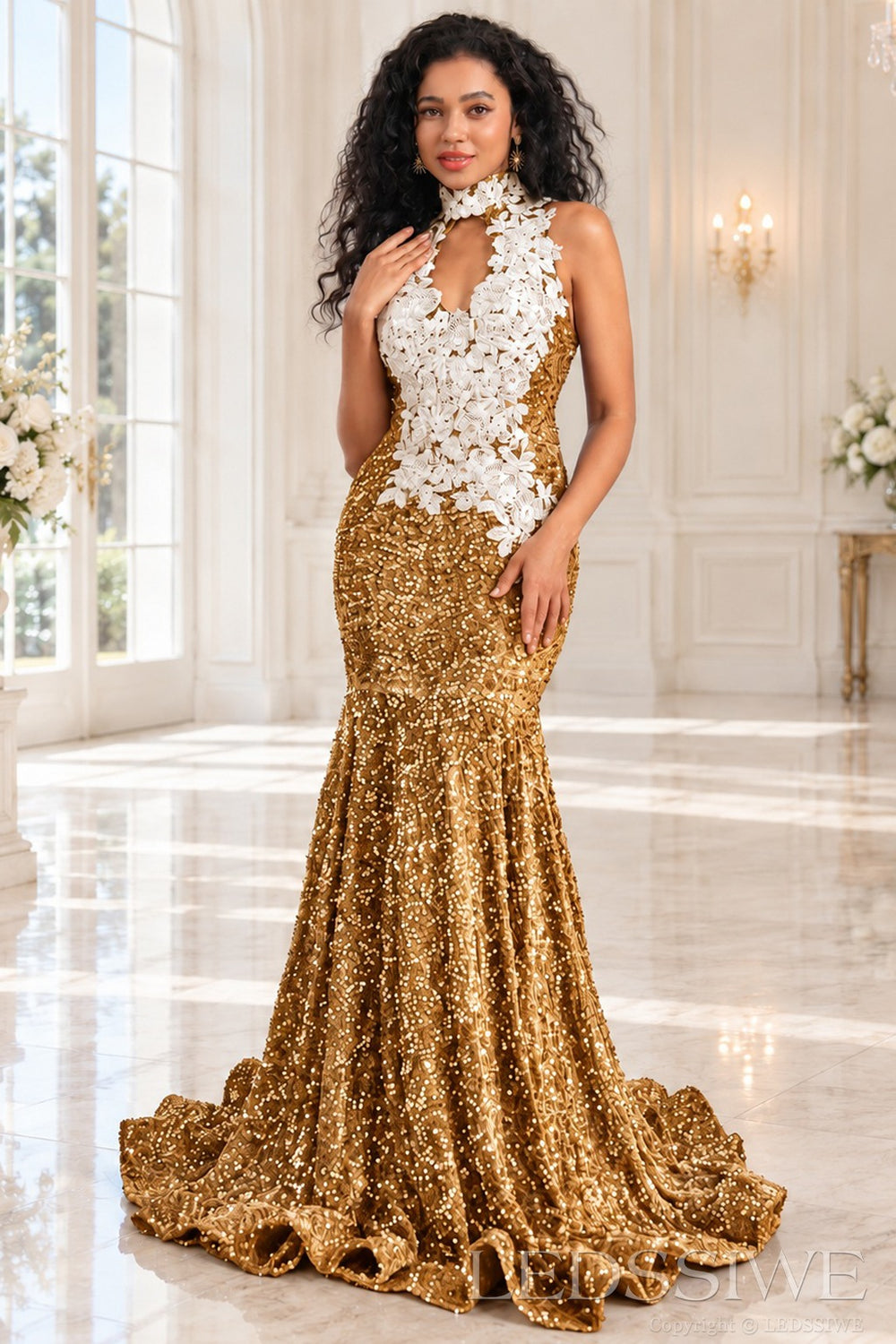gold sequin halter high neck mermaid prom dress white 3D floral applique keyhole