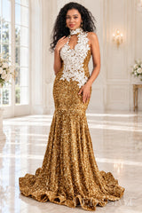 gold sequin halter high neck mermaid prom dress white 3D floral applique keyhole