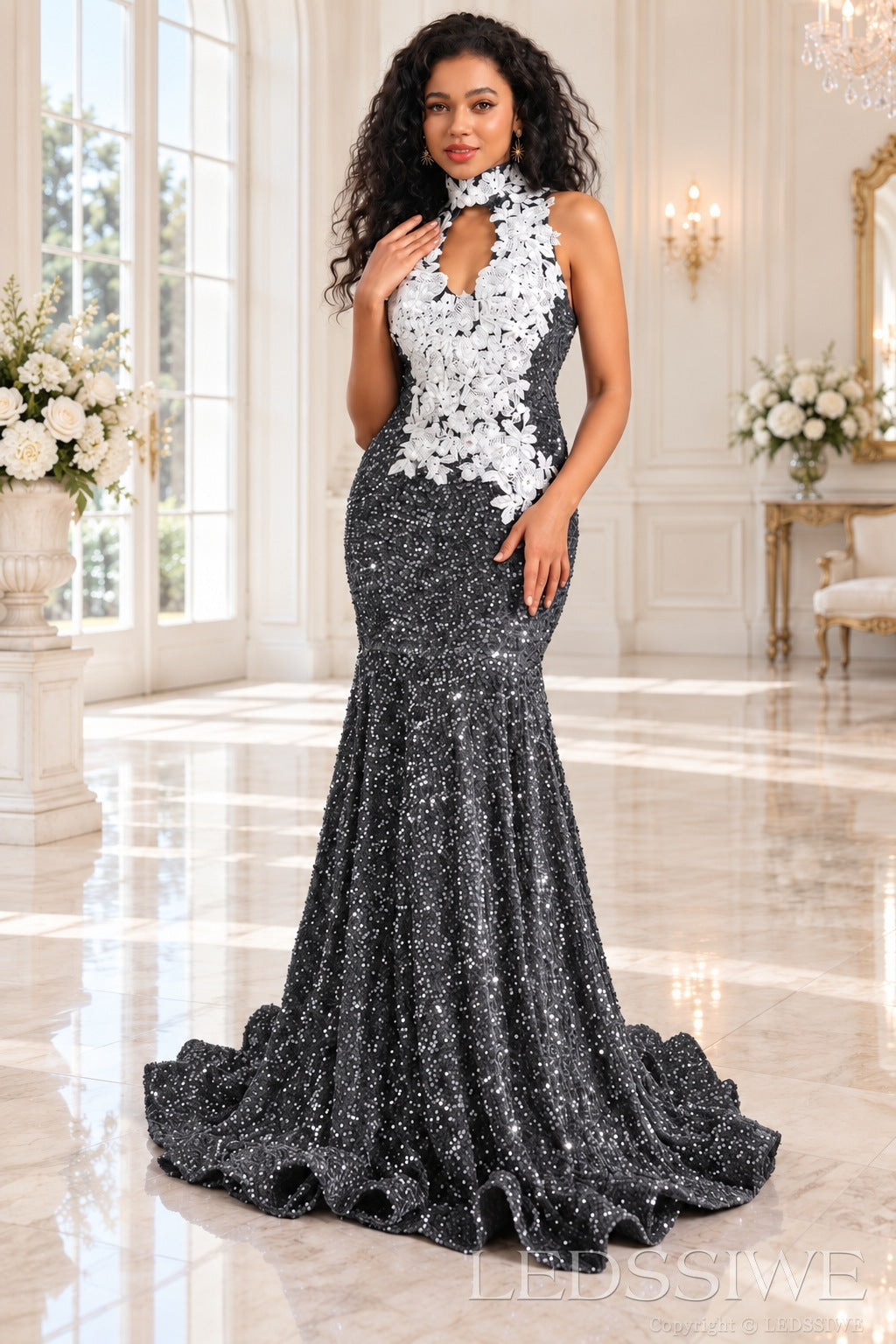 grey sequin halter high neck mermaid prom dress white 3D floral applique keyhole