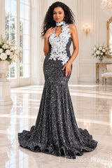 grey sequin halter high neck mermaid prom dress white 3D floral applique keyhole