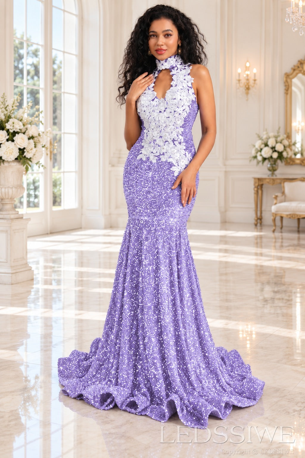 lavender sequin halter high neck mermaid prom dress white 3D floral applique keyhole