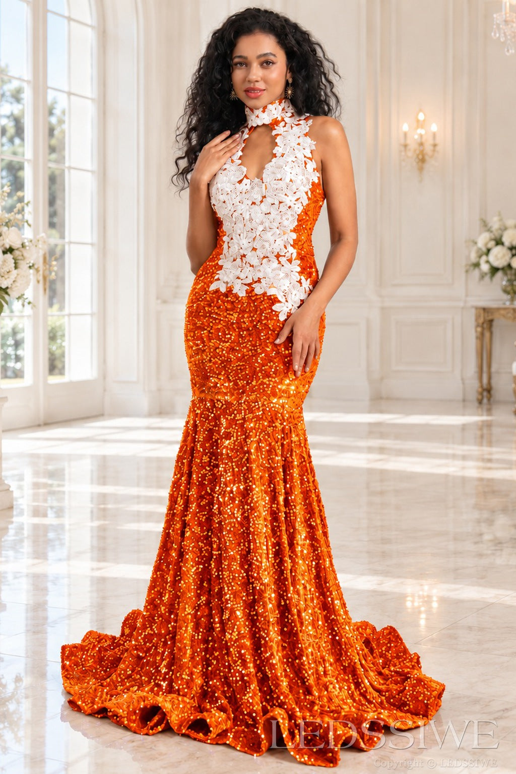 orange sequin halter high neck mermaid prom dress white 3D floral applique keyhole