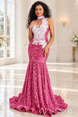 pink sequin halter high neck mermaid prom dress white 3D floral applique keyhole
