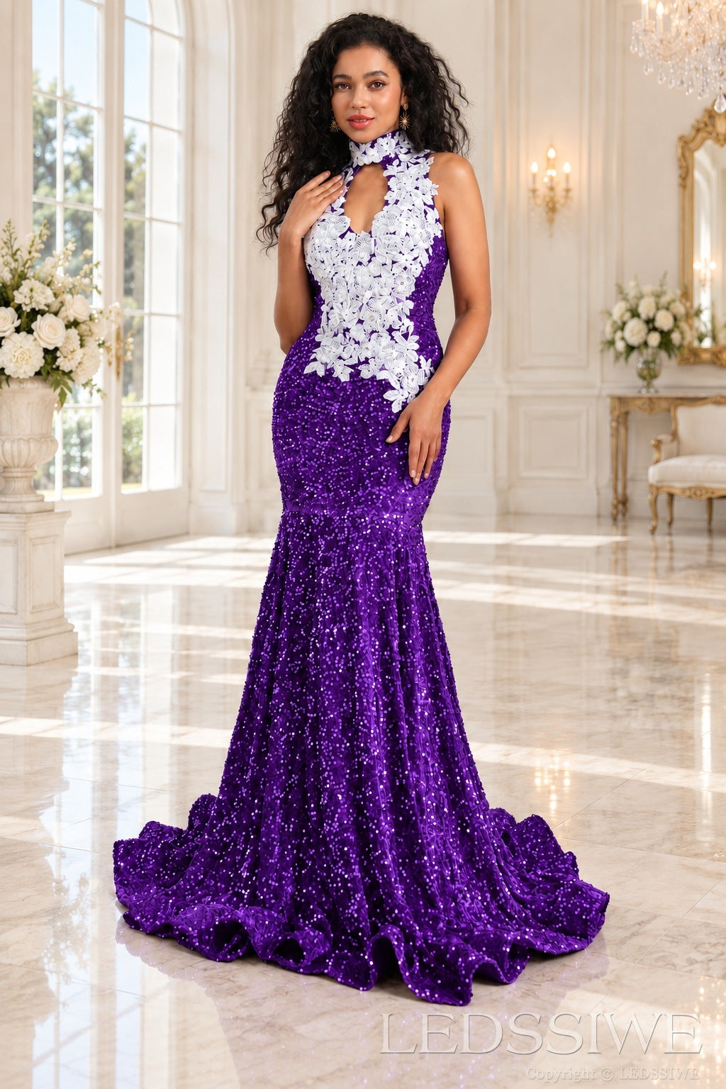 purple sequin halter high neck mermaid prom dress white 3D floral applique keyhole