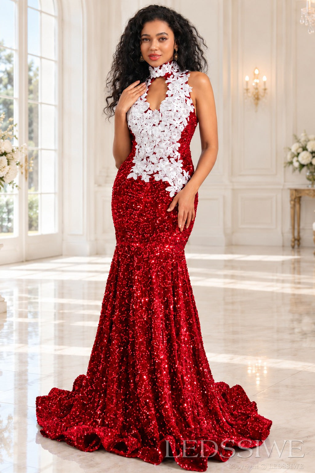 red sequin halter high neck mermaid prom dress white 3D floral applique keyhole