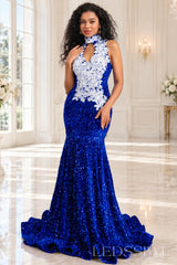 Royal blue sequin halter high neck mermaid prom dress white 3D floral applique keyhole front