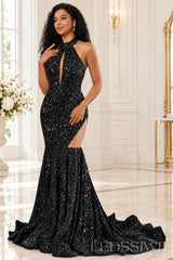 black sequin halter high neck sleeveless mermaid prom dress keyhole high slit