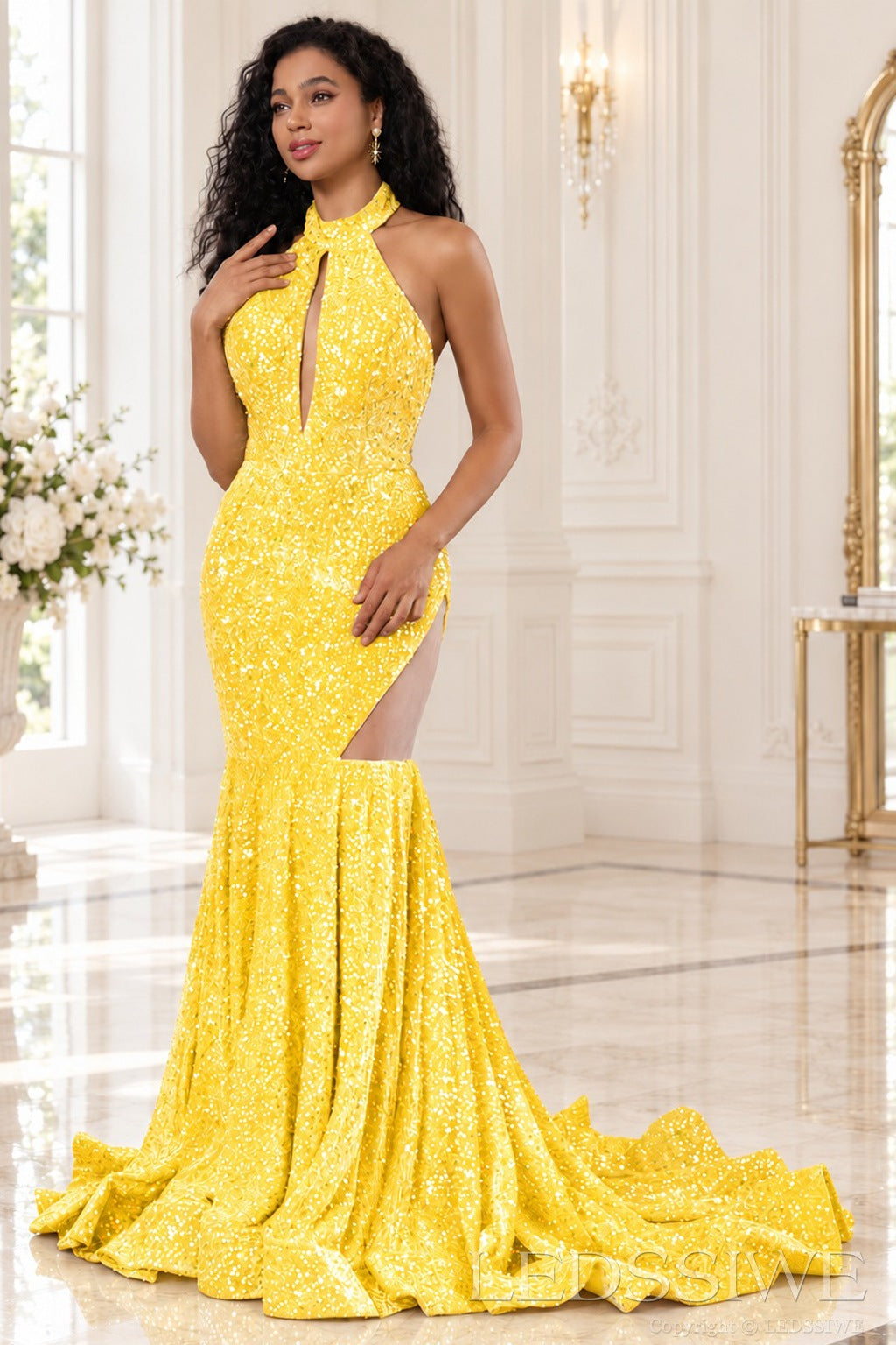 daffodil sequin halter high neck sleeveless mermaid prom dress keyhole high slit