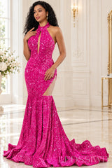 fuchsia sequin halter high neck sleeveless mermaid prom dress keyhole high slit