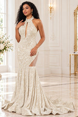 ivory sequin halter high neck sleeveless mermaid prom dress keyhole high slit