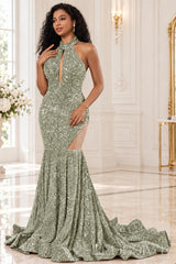 sage sequin halter high neck sleeveless mermaid prom dress keyhole high slit