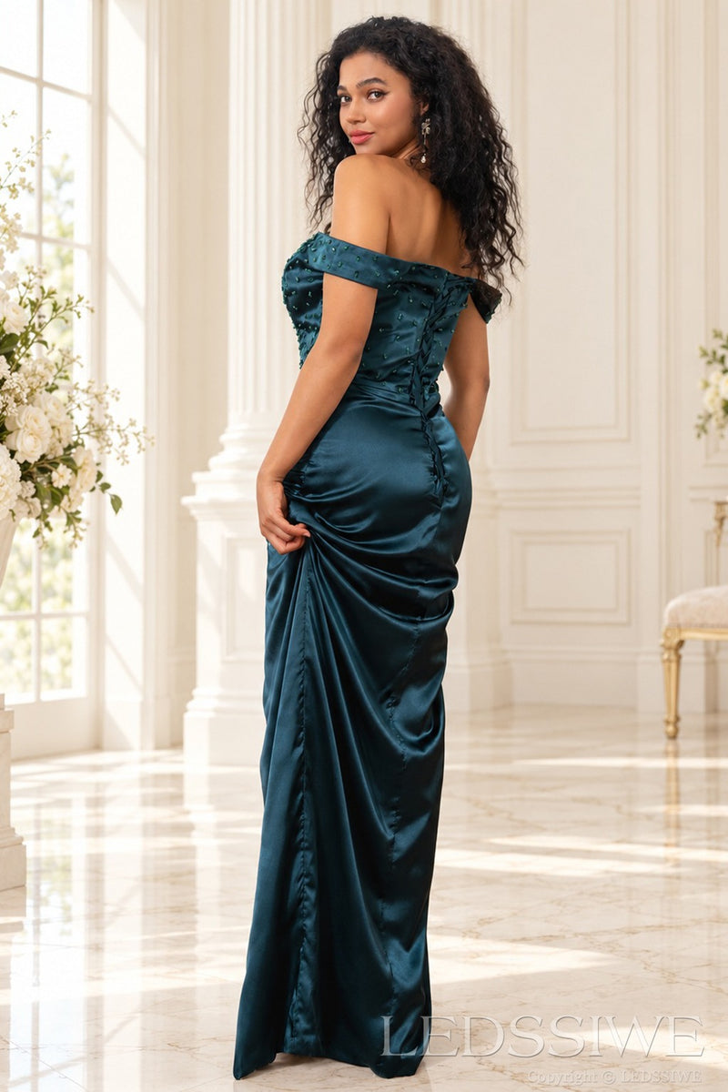 Teal beaded satin sheath evening gown corset lace-up tie back