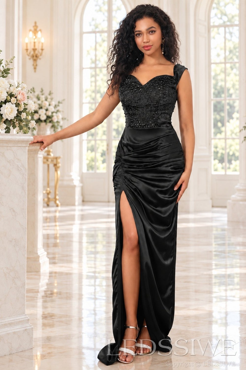 black beaded satin off the shoulder sweetheart sheath evening gown high slit