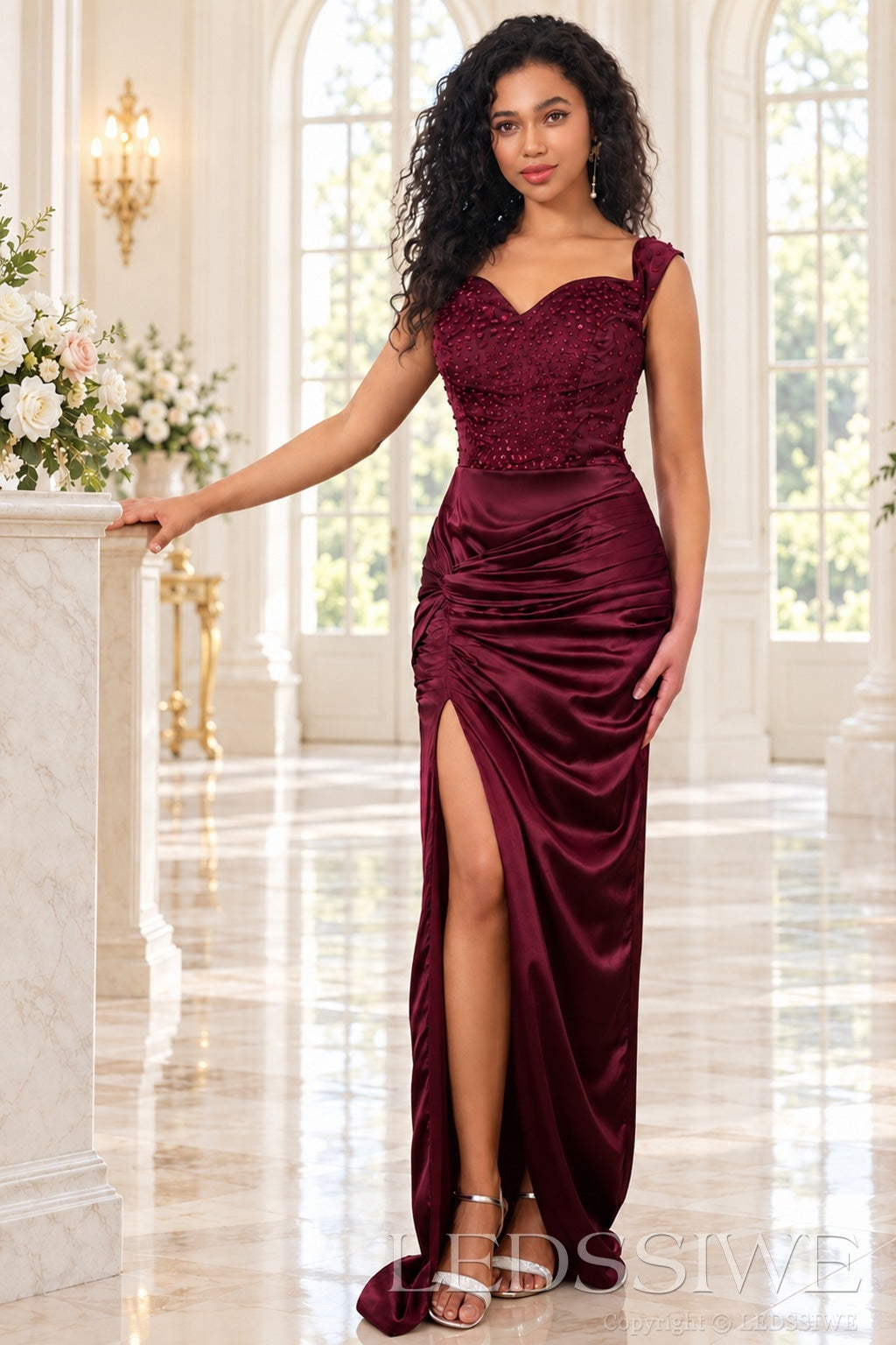 burgundy beaded satin off the shoulder sweetheart sheath evening gown high slit