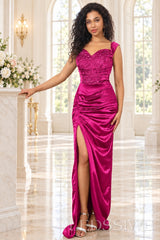 fuchsia beaded satin off the shoulder sweetheart sheath evening gown high slit